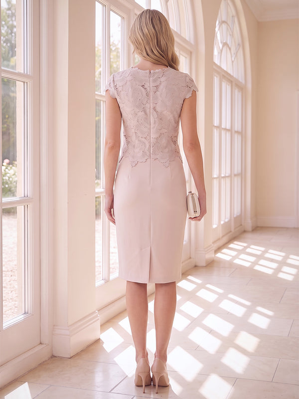 Sheath Column Scoop Cap Sleeves Knee-Length Mother of the Bride Dresses with Lace