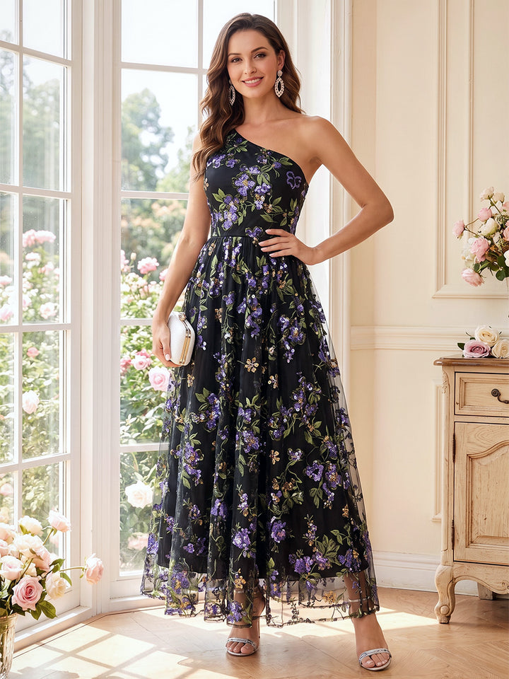 A-Line/Princess One-Shoulder Sleeveless Ankle-Length Mother of the Bride Dresses with Flower &amp; Lace