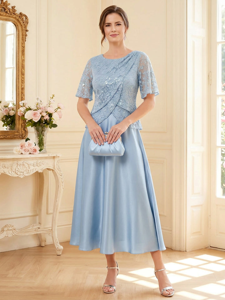 A-Line/Princess Scoop Short Sleeves Tea-Length Mother of the Bride Dresses with Sequins &amp; Lace