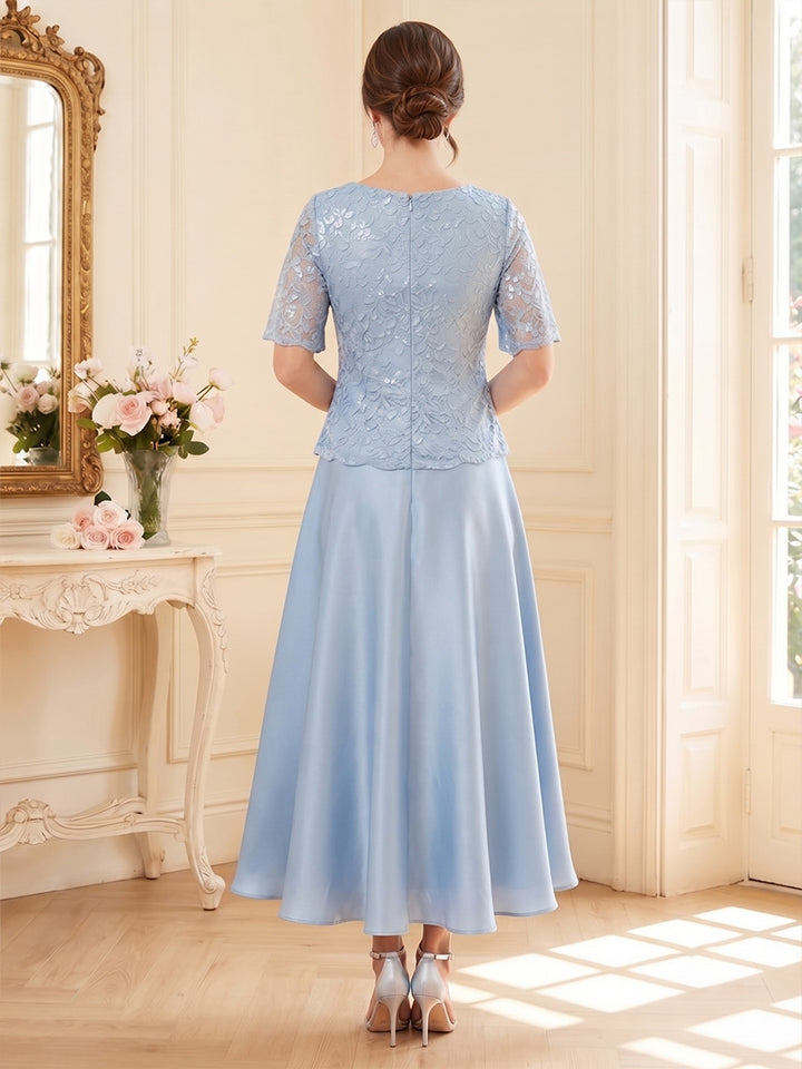 A-Line/Princess Scoop Short Sleeves Tea-Length Mother of the Bride Dresses with Sequins &amp; Lace
