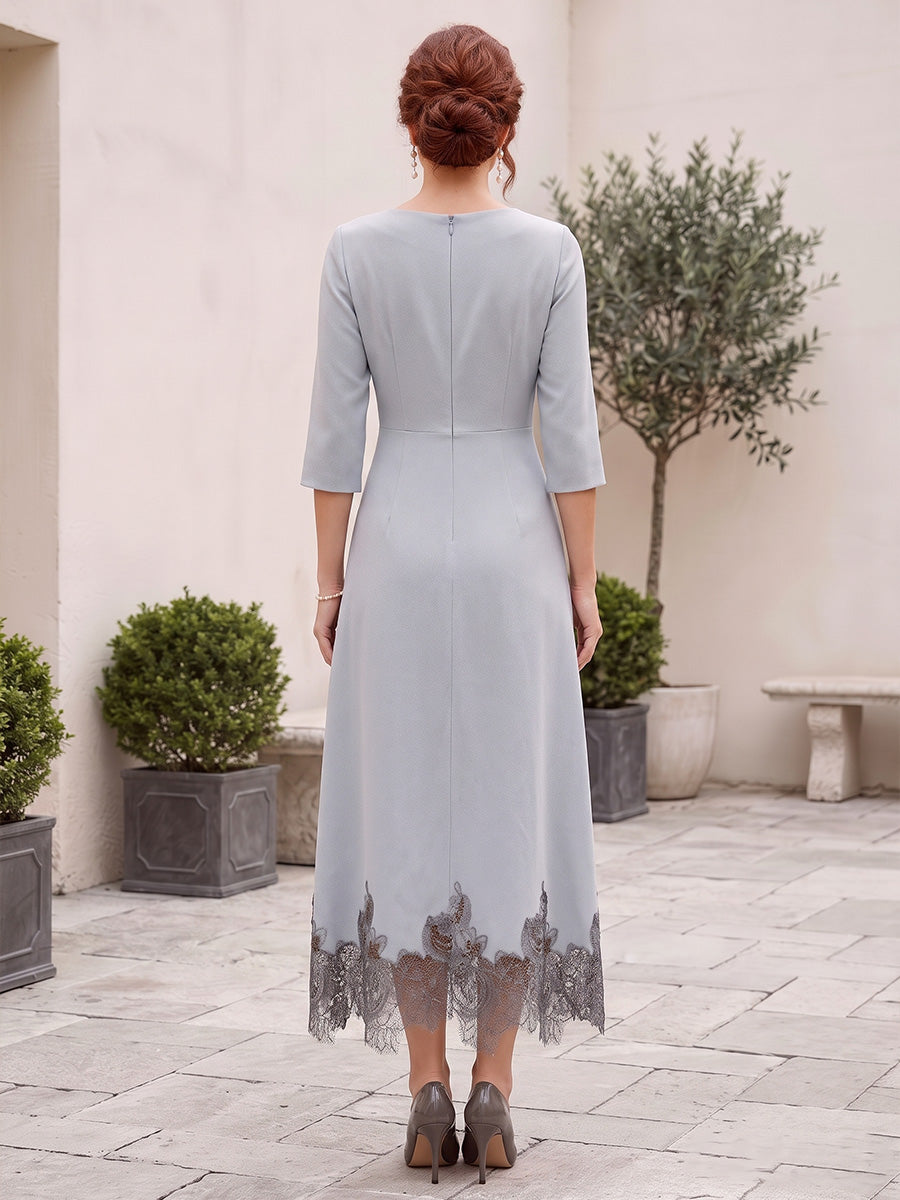 A-Line/Princess Asymmetric Tea-Length 3/4 Sleeves Mother of the Bride Dresses with Flower