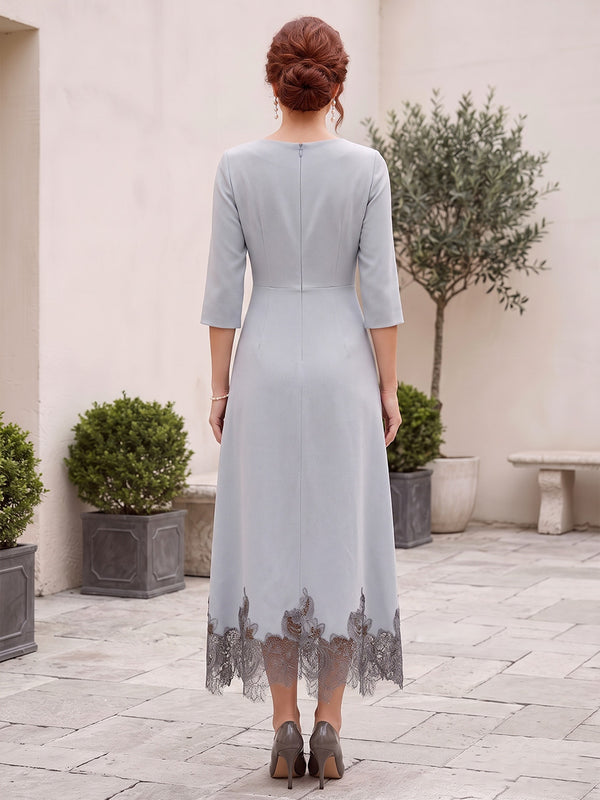 A-Line/Princess Asymmetric Tea-Length 3/4 Sleeves Mother of the Bride Dresses with Flower