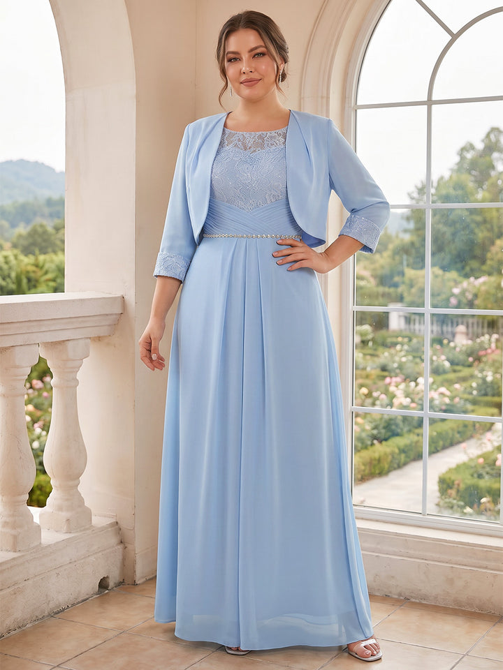 A-Line/Princess  Crew Neck 3/4 Sleeves  Chiffon  Floor-Length  Mother of the Bride Dresses  with Lace &amp; Rhinestone