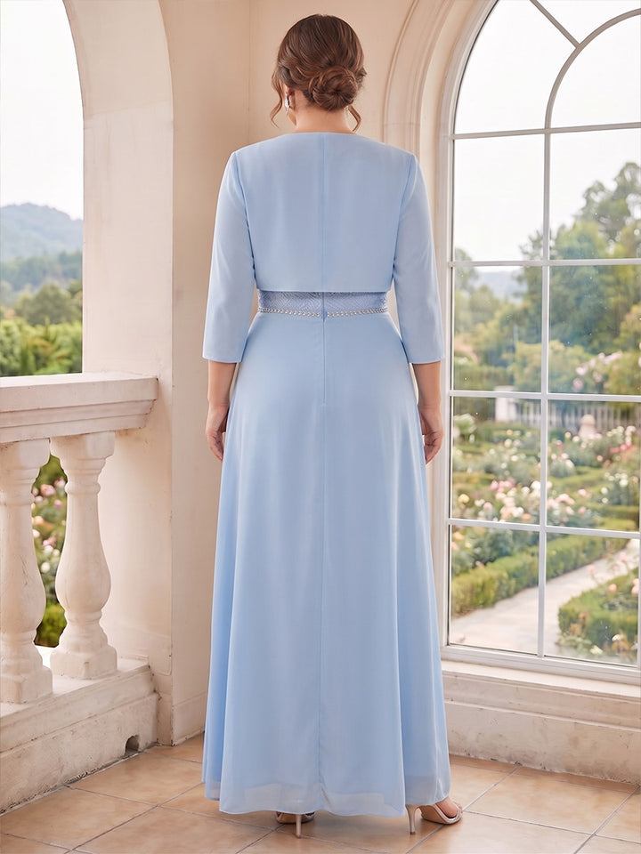 A-Line/Princess  Crew Neck 3/4 Sleeves  Chiffon  Floor-Length  Mother of the Bride Dresses  with Lace &amp; Rhinestone
