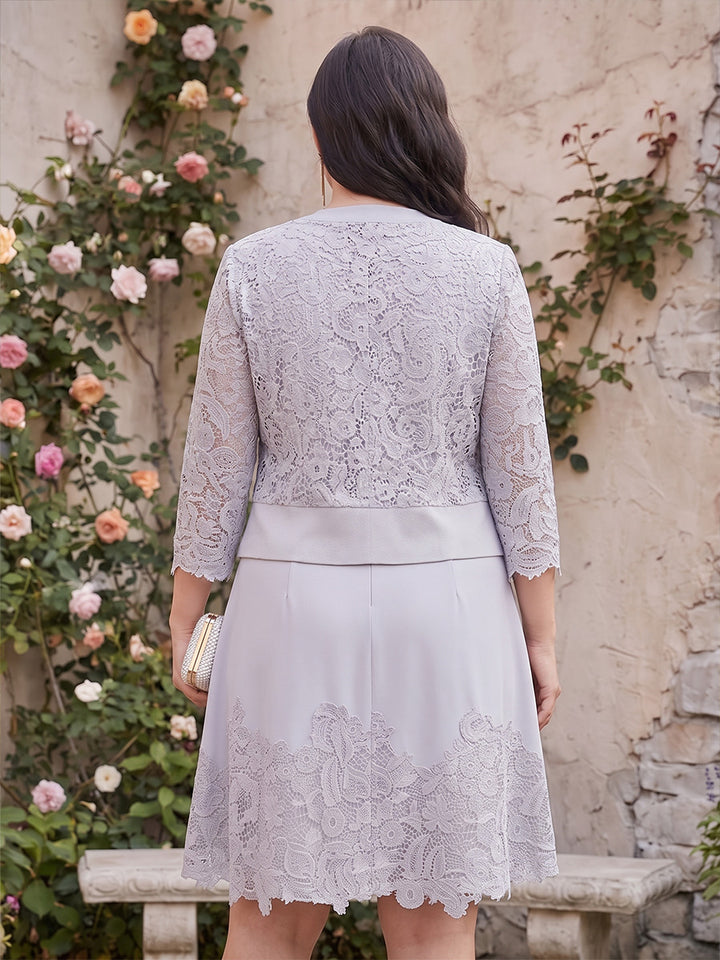 A-Line/Princess Crew Neck 3/4 Sleeves Satin Knee-Length Plus Size Mother of the Bride Dresses with Applique &amp; Jacket