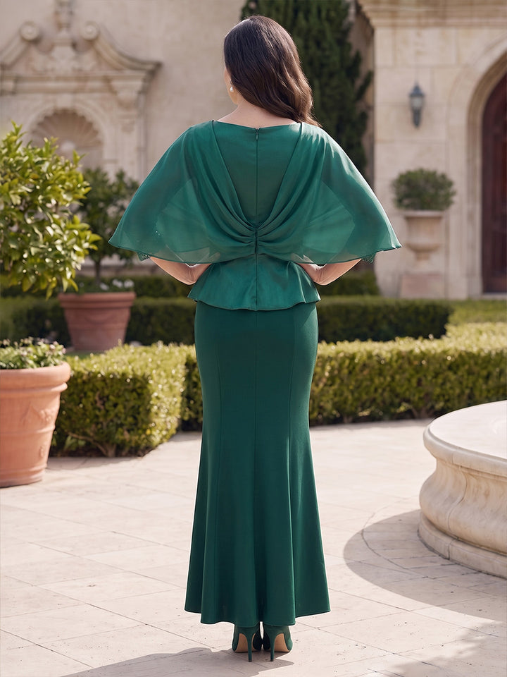 Sheath/Column V-Neck Half Sleeves Satin Ankle-Length Mother of the Bride Dresses with Lace