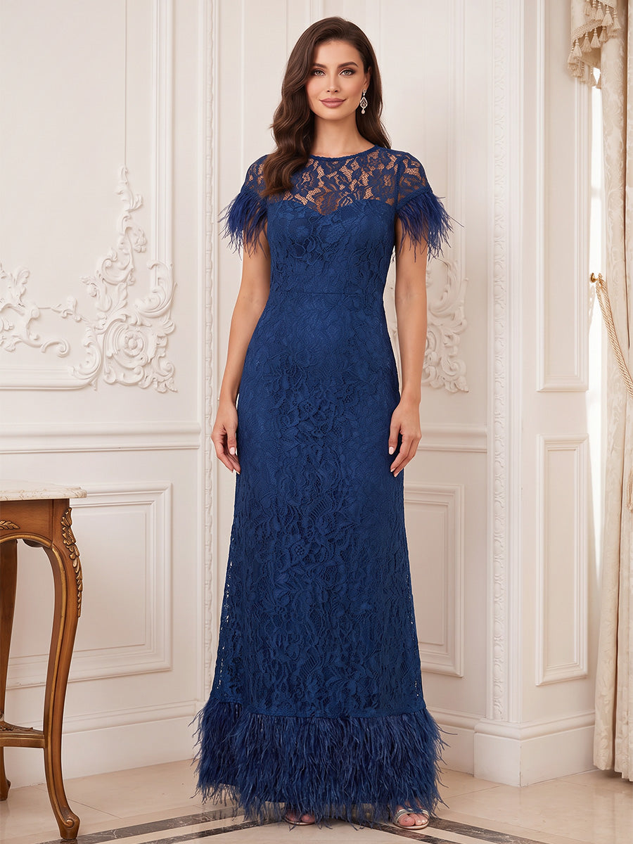 A-Line/Princess  Crew Neck Short Sleeves  Lace  Floor-Length  Mother of the Bride Dresses  with Lace &amp; Feather