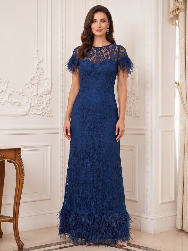A-Line/Princess  Crew Neck Short Sleeves  Lace  Floor-Length  Mother of the Bride Dresses  with Lace & Feather