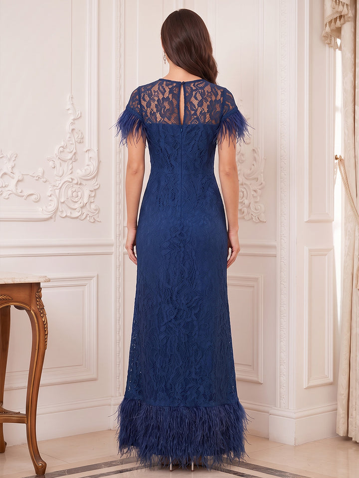 A-Line/Princess  Crew Neck Short Sleeves  Lace  Floor-Length  Mother of the Bride Dresses  with Lace &amp; Feather