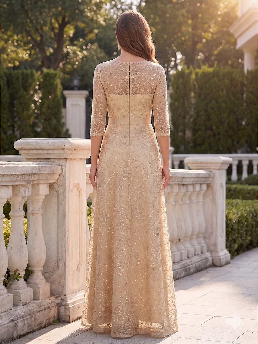 A-Line/Princess Scoop 3/4 Sleeves Floor-Length Mother of the Bride Dresses with Sequins &amp; Lace