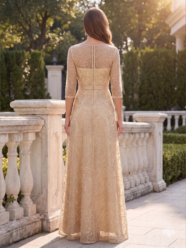 A-Line/Princess Scoop 3/4 Sleeves Floor-Length Mother of the Bride Dresses with Sequins & Lace