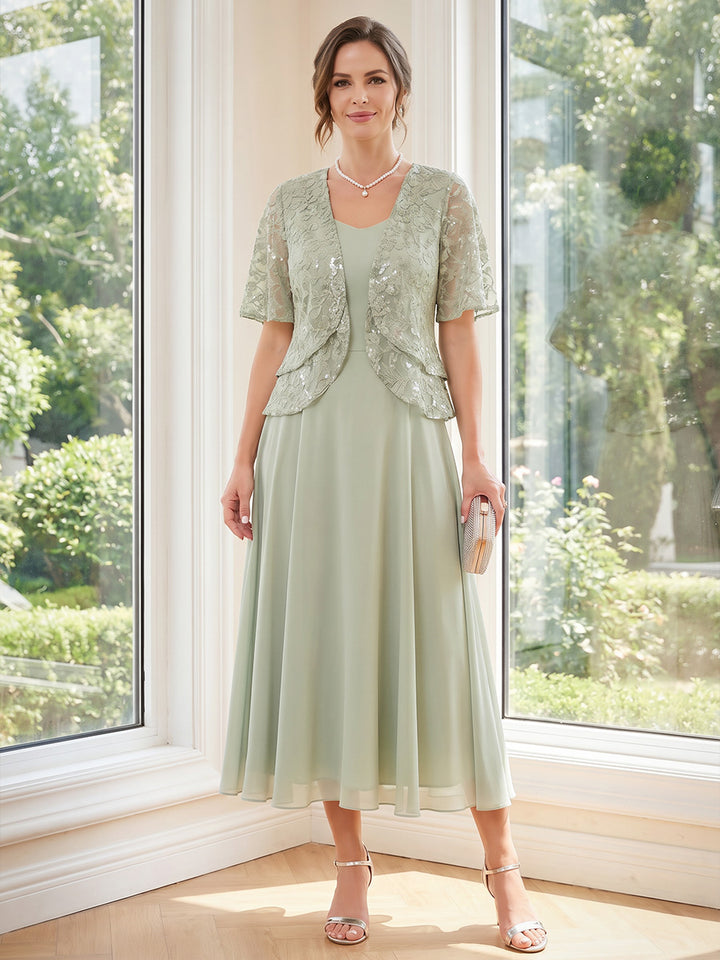 A-Line/Princess 2 Pieces V-Neck Short Sleeves Tea Length Mother of the Bride Dresses with Sequins &amp; Lace