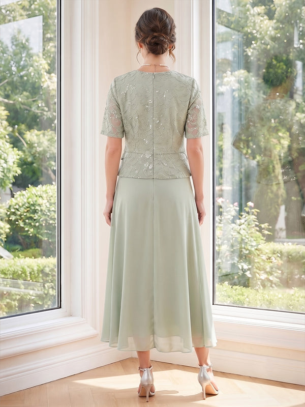 A-Line/Princess 2 Pieces V-Neck Short Sleeves Tea Length Mother of the Bride Dresses with Sequins & Lace