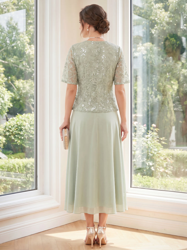 A-Line/Princess 2 Pieces V-Neck Short Sleeves Tea Length Mother of the Bride Dresses with Sequins &amp; Lace