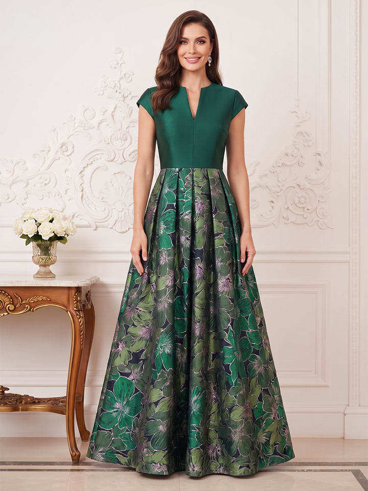 A-Line/Princess V-Neck Short Sleeves Satin Floor-Length Mother of the Bride Dresses with Floral Printed