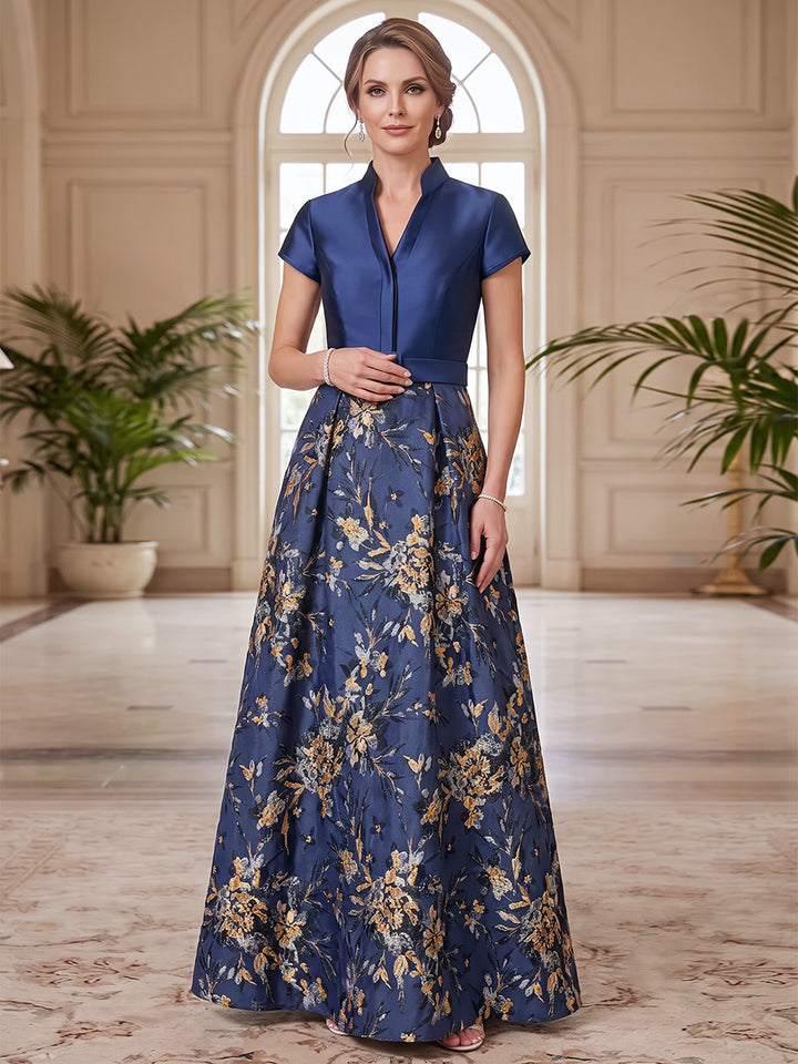 A-Line/Princess  V-Neck  Short Sleeves  Satin  Floor-Length  Mother of the Bride Dresses  with Floral Printed