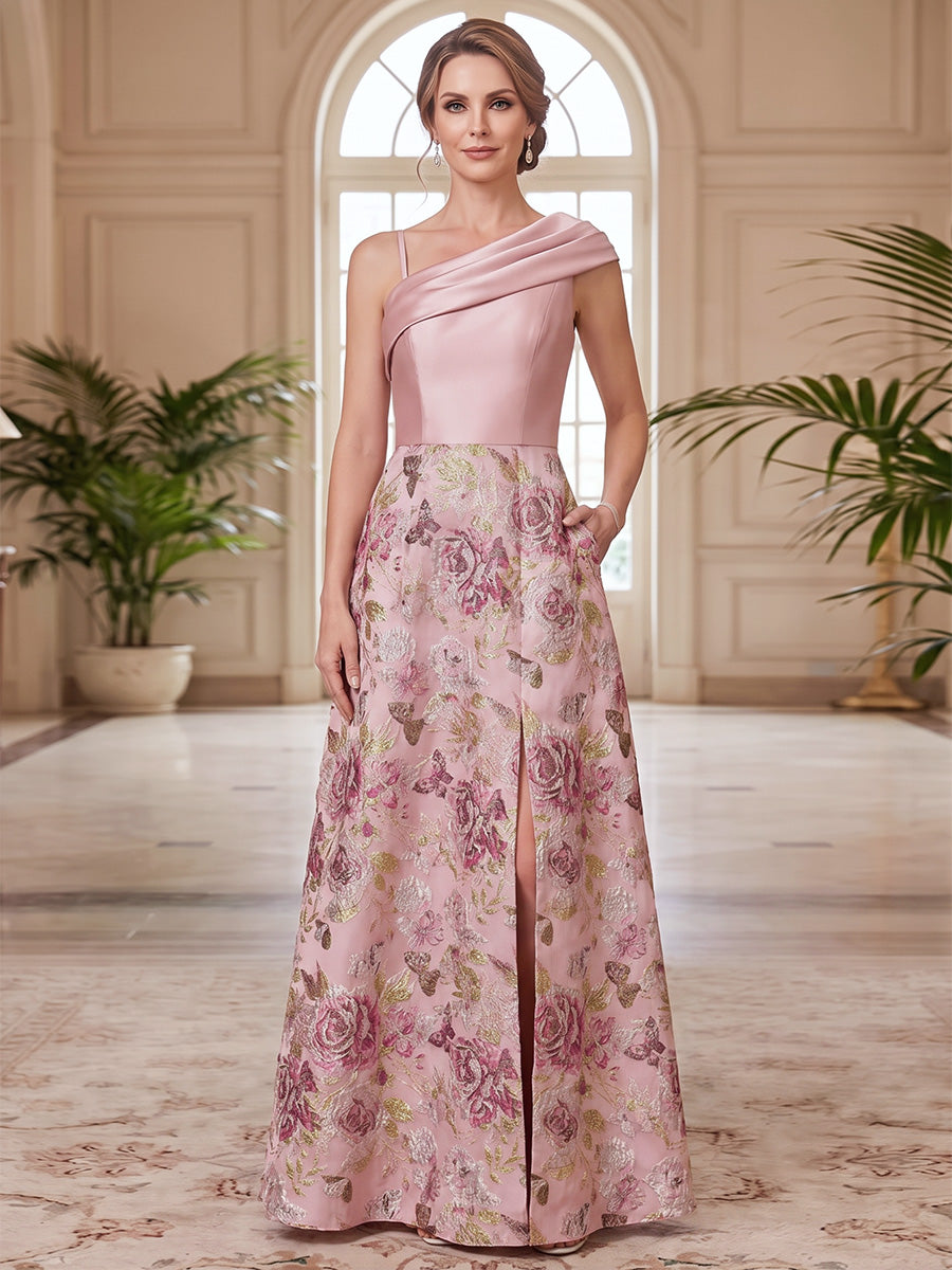 A-Line/Princess One-Shoulder Sleeveless Satin Floor-Length Mother of the Bride Dresses with Floral Printed &amp; Split Side