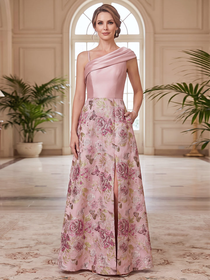 A-Line/Princess One-Shoulder Sleeveless Satin Floor-Length Mother of the Bride Dresses with Floral Printed &amp; Split Side