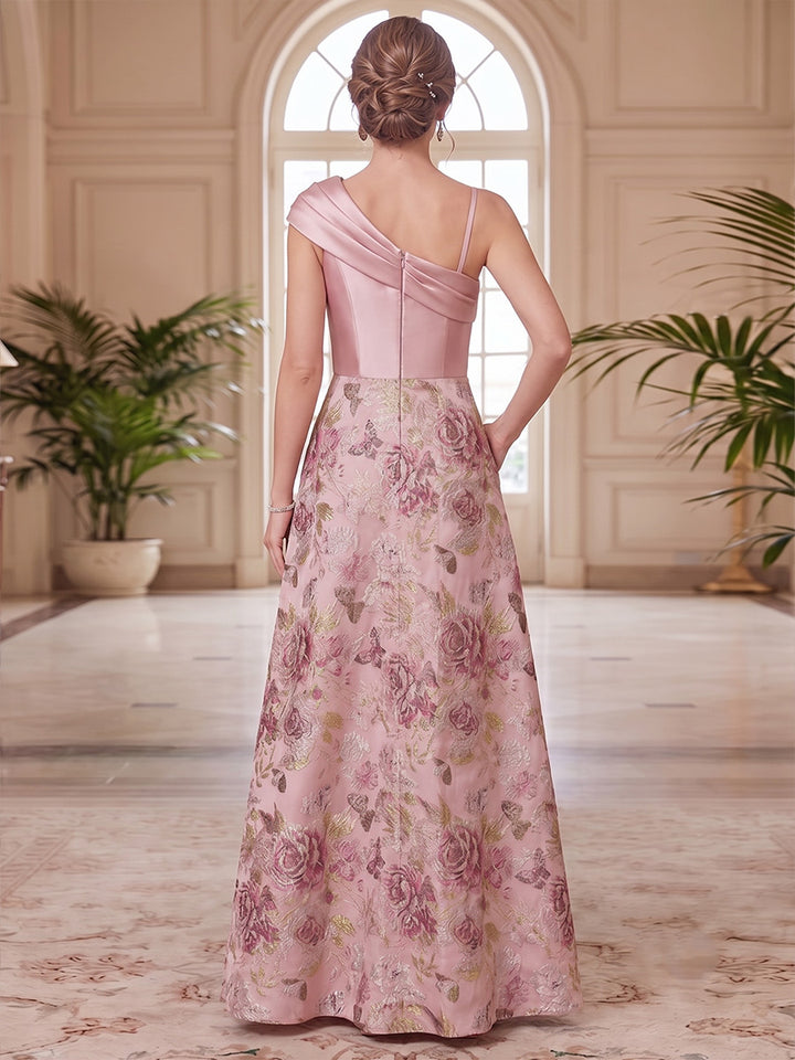 A-Line/Princess One-Shoulder Sleeveless Satin Floor-Length Mother of the Bride Dresses with Floral Printed &amp; Split Side