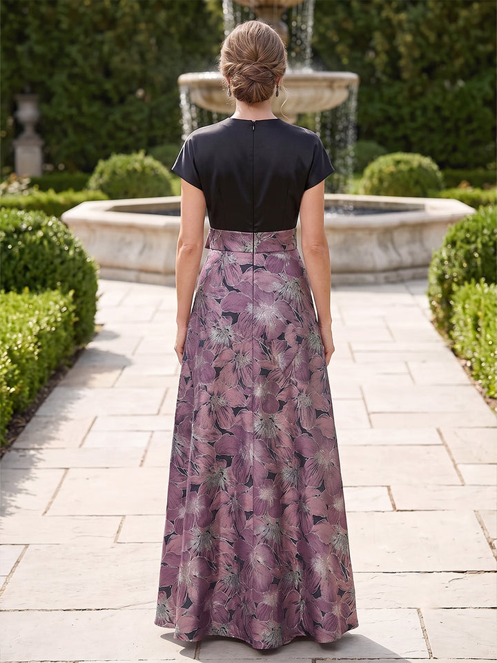 A-Line/Princess  V-Neck  Short Sleeves  Satin  Floor-Length  Mother of the Bride Dresses  with Floral Printed