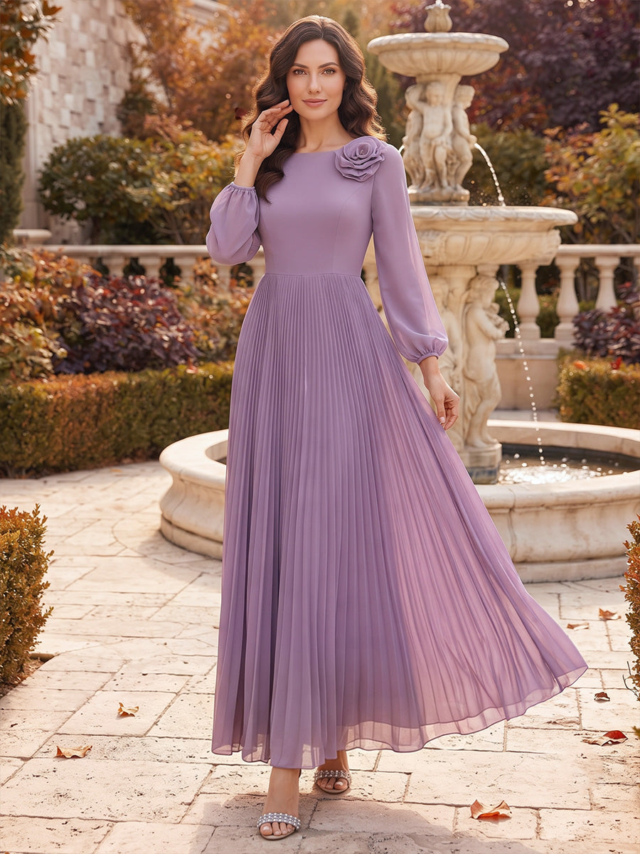 A-Line/Princess Scoop Long Sleeves Chiffon Ankle-Length Mother of the Bride Dresses with Pleats &amp; 3D Flower