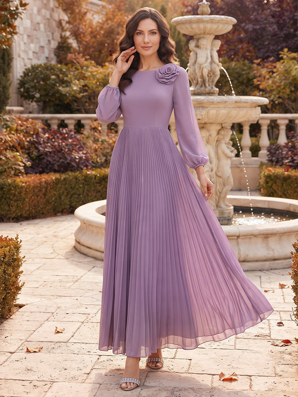A-Line/Princess Scoop Long Sleeves Chiffon Ankle-Length Mother of the Bride Dresses with Pleats & 3D Flower