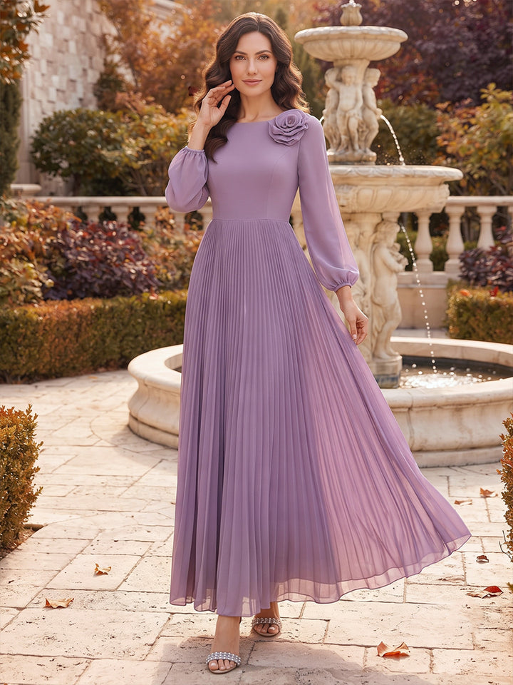 A-Line/Princess Scoop Long Sleeves Chiffon Ankle-Length Mother of the Bride Dresses with Pleats &amp; 3D Flower