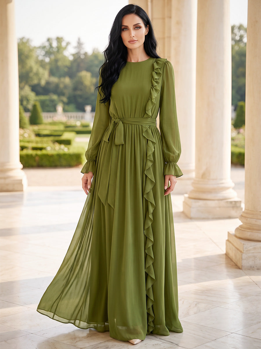 A-Line/Princess Scoop Long Sleeves Chiffon Floor-Length Mother of the Bride Dresses with Belt