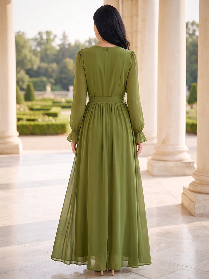 A-Line/Princess Scoop Long Sleeves Chiffon Floor-Length Mother of the Bride Dresses with Belt