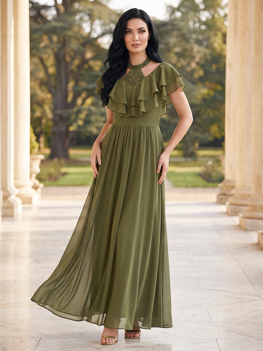 A-Line/Princess Halter Short Sleeves Chiffon Ankle-Length Mother of the Bride Dresses with Ruffles