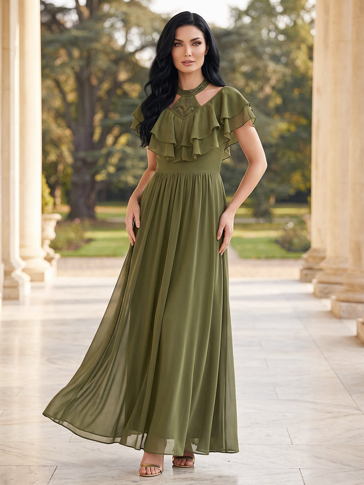 A-Line/Princess Halter Short Sleeves Chiffon Ankle-Length Mother of the Bride Dresses with Ruffles