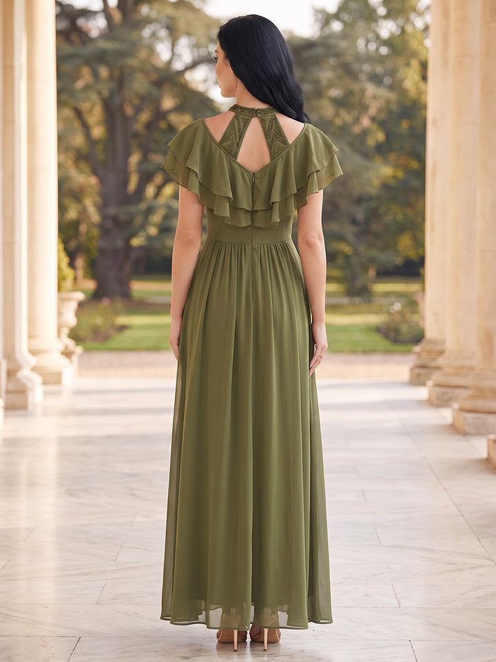 A-Line/Princess Halter Short Sleeves Chiffon Ankle-Length Mother of the Bride Dresses with Ruffles