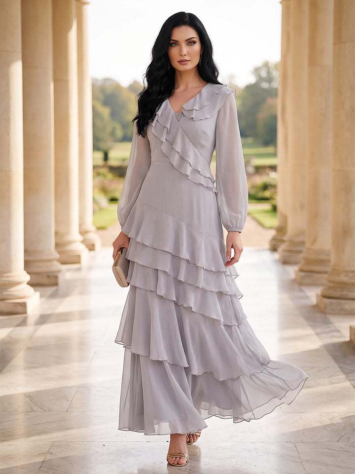 A-Line/Princess V-Neck Long Sleeves Chiffon Ankle-Length Mother of the Bride Dresses with Ruffles