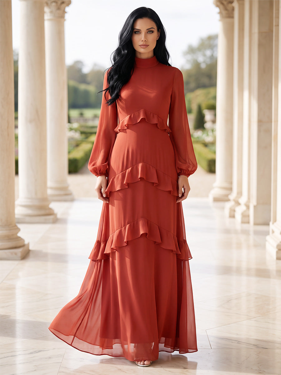 A-Line/Princess High Neck Long Sleeves Chiffon Floor-Length Mother of the Bride Dresses with Ruffles&amp;Tiered