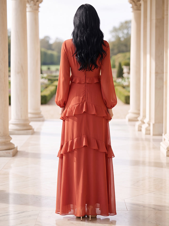 A-Line/Princess High Neck Long Sleeves Chiffon Floor-Length Mother of the Bride Dresses with Ruffles&amp;Tiered