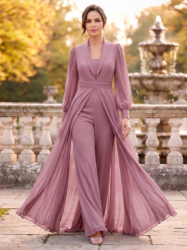 Jumpsuits V-Neck Long Sleeves Chiffon Ankle-Length Mother of the Bride Dresses with Overskirt