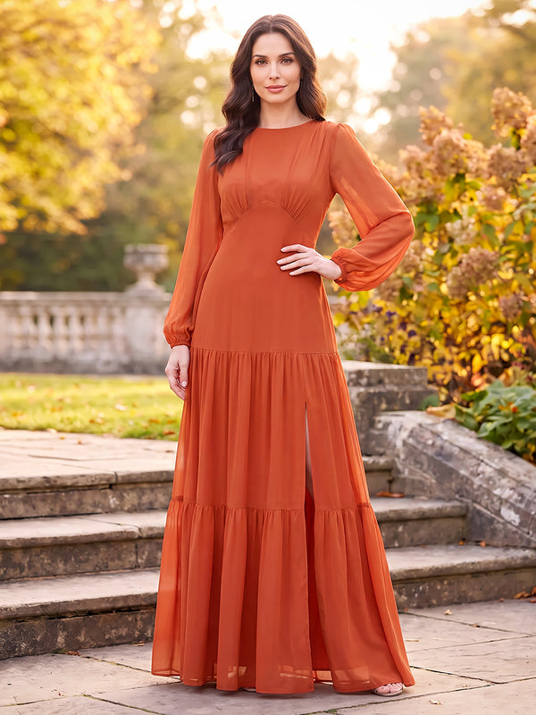 A-Line/Princess Scoop Long Sleeves Chiffon Floor-Length Mother of the Bride Dresses