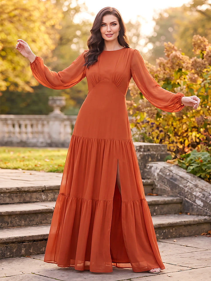 A-Line/Princess Scoop Long Sleeves Chiffon Floor-Length Mother of the Bride Dresses