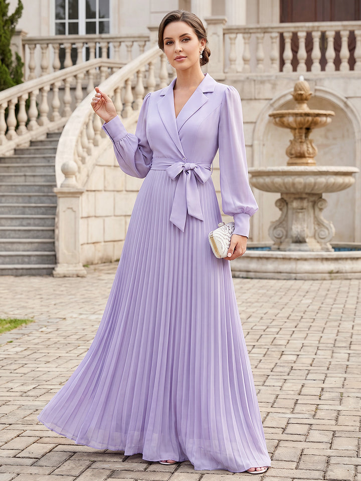 A-Line/Princess V-Neck Long Sleeves Chiffon Floor-Length Mother of the Bride Dresses with Belt