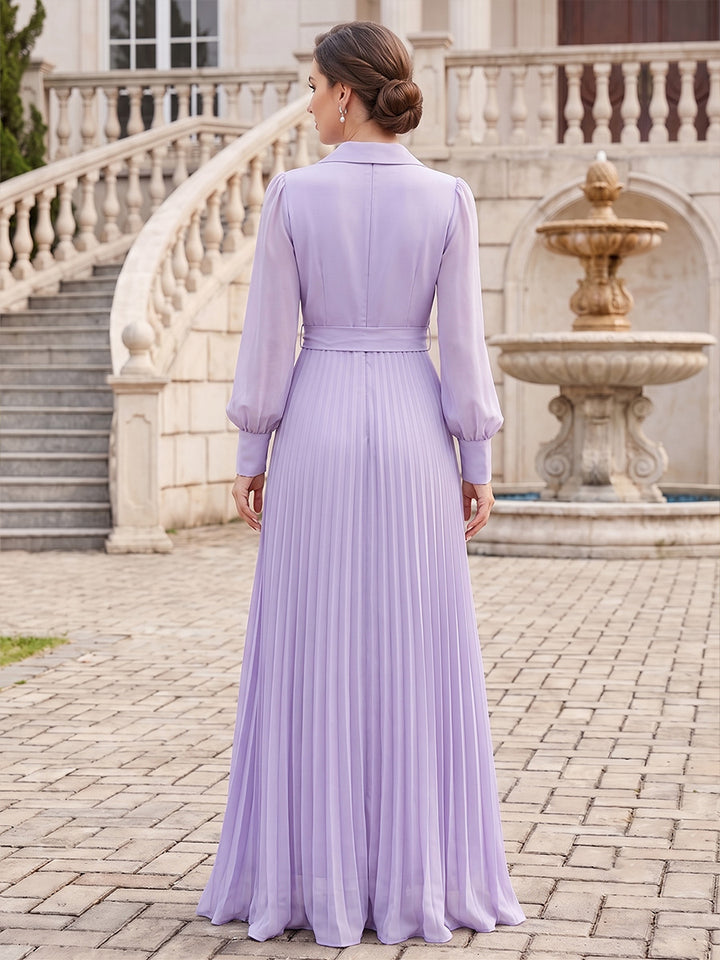 A-Line/Princess V-Neck Long Sleeves Chiffon Floor-Length Mother of the Bride Dresses with Belt