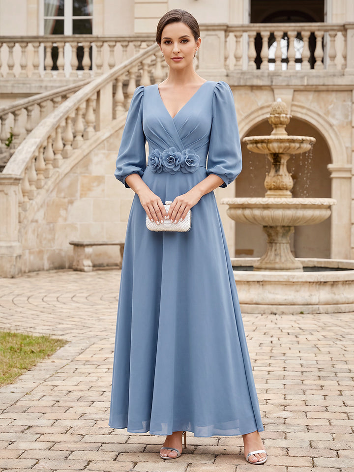 A-Line/Princess V-Neck Half Sleeves Chiffon Ankle-Length Mother of the Bride Dresses with 3D Flower