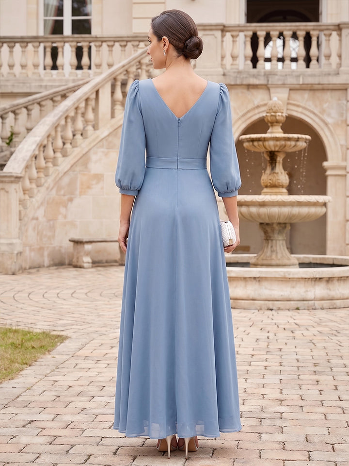 A-Line/Princess V-Neck Half Sleeves Chiffon Ankle-Length Mother of the Bride Dresses with 3D Flower
