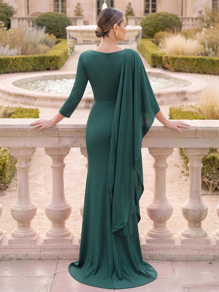 Trumpet/Mermaid V-Neck 3/4 Sleeves Satin Floor-Length Mother of the Bride Dresses with Rhinestone