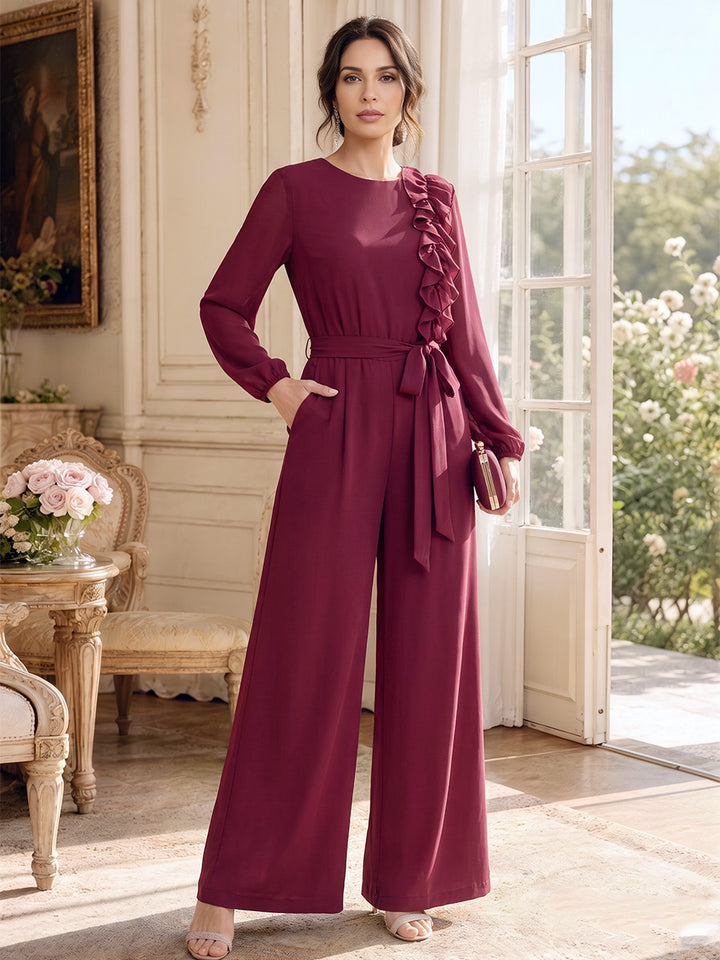 Jumpsuits Scoop Long Sleeves Chiffon Ankle-Length Mother of the Bride Dresses with Ruffles
