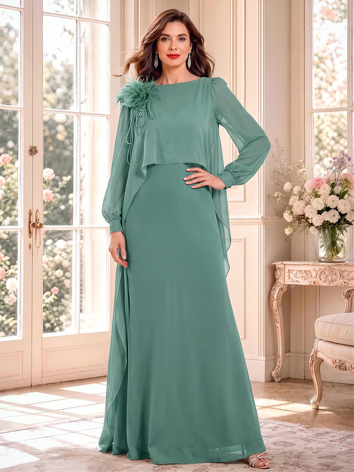 A-Line/Princess Scoop Long Sleeves Chiffon Floor-Length Mother of the Bride Dresses with Feather &amp; 3D Flower