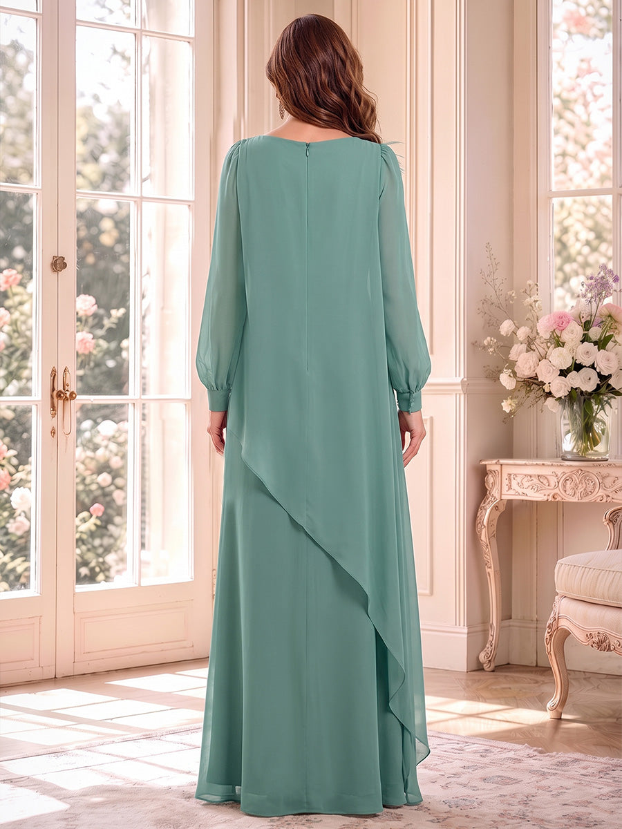 A-Line/Princess Scoop Long Sleeves Chiffon Floor-Length Mother of the Bride Dresses with Feather &amp; 3D Flower