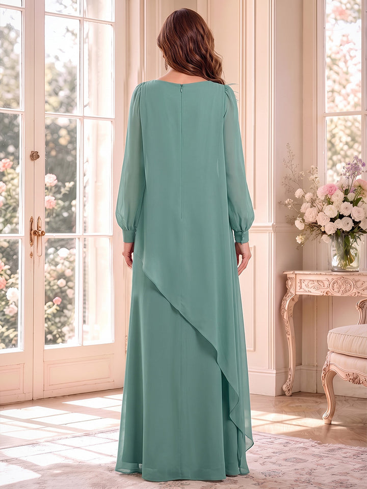 A-Line/Princess Scoop Long Sleeves Chiffon Floor-Length Mother of the Bride Dresses with Feather &amp; 3D Flower
