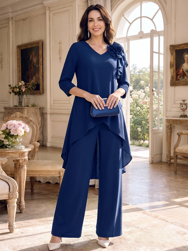 Jumpsuits V-Neck 3/4 Sleeves Stretch Satin Ankle-Length Mother of the Bride Dresses with 3D Flower &amp; Ruffles