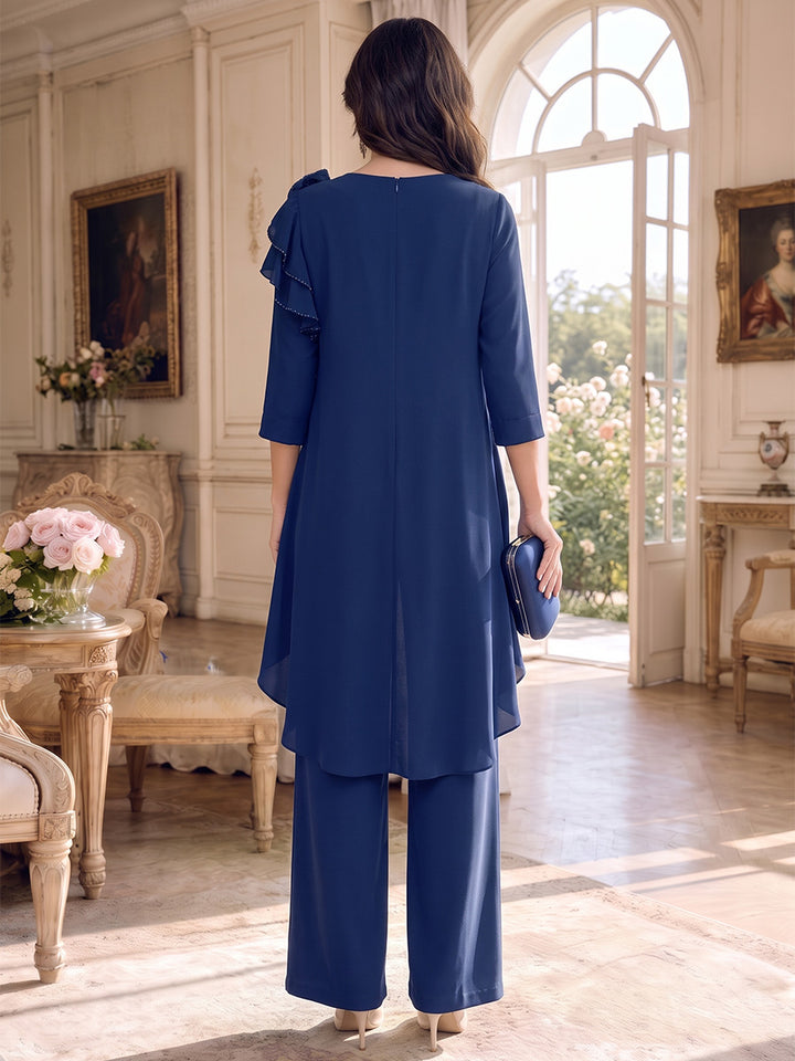 Jumpsuits V-Neck 3/4 Sleeves Stretch Satin Ankle-Length Mother of the Bride Dresses with 3D Flower &amp; Ruffles