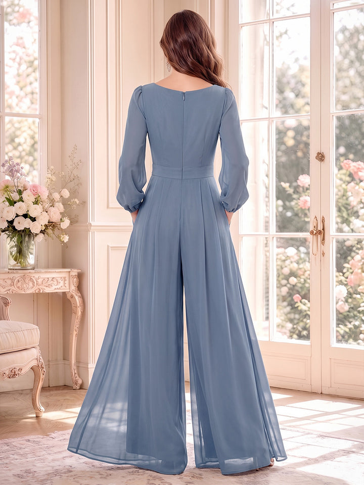 Jumpsuits Crew Neck Long Sleeves Chiffon Ankle-Length Mother of the Bride Dresses with Pockets